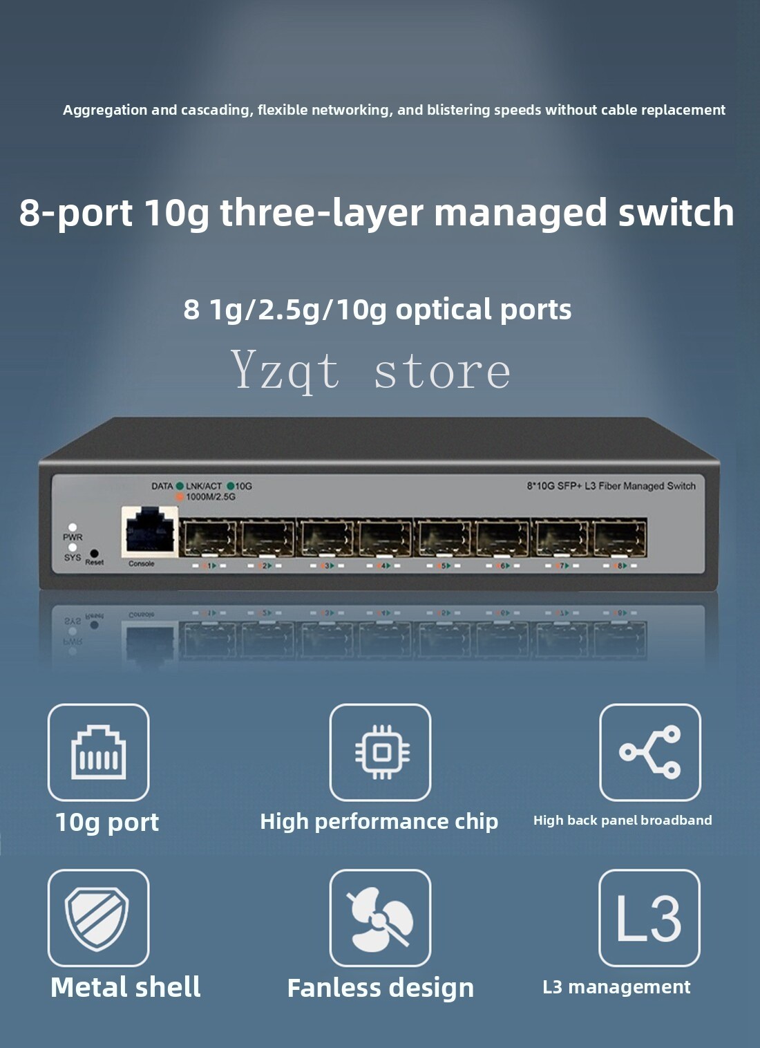 Sfp+ 10G Managed Switch 8 Port - 8ポート10ギガビットイーサネットスイッチ、NASサーバー、共有読み込み用、SFP+ 10Gアップリンク、2.5G対応、管理型光ファイバースイッチ